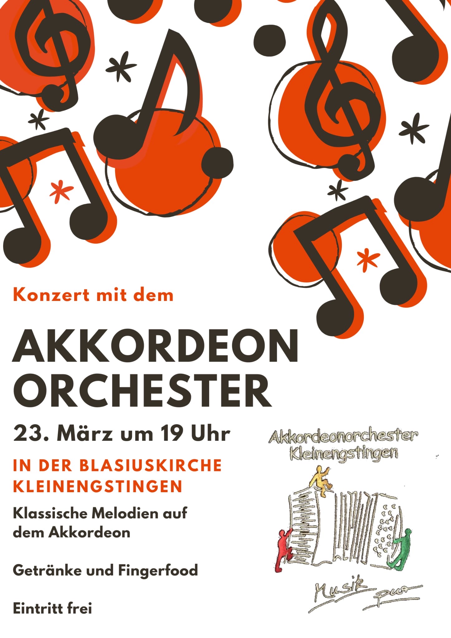 Der Flyer zeigt die Details des Konzertes unseres Akkordeonorchesters.