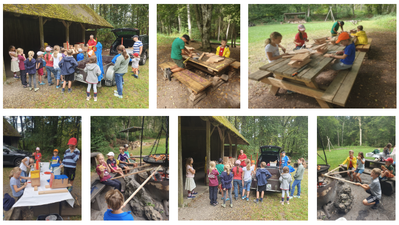 Das Bild zeigt mehrere Fotos mit Kindern und deren Betreuerinnen beim Basteln und Werkeln. Es wurden Nistkästen gebaut und später gemeinsam Stockbrot über dem Feuer gegrillt.